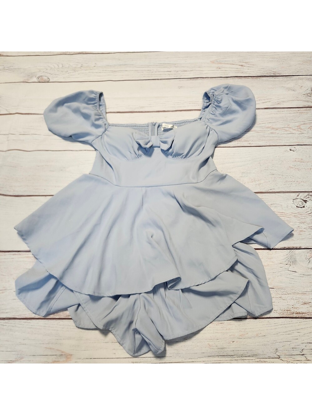 Altar'd State Light Blue Puff Sleeve Romper with Bow Detail Size Large
